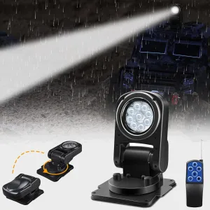 Remote LED Spot Lights for Trucks, Auto-Return 360 Rotating Search Light for Truck Marine Spotlight 180 Folding Backup Lights 12V 24V, Permanent Mount