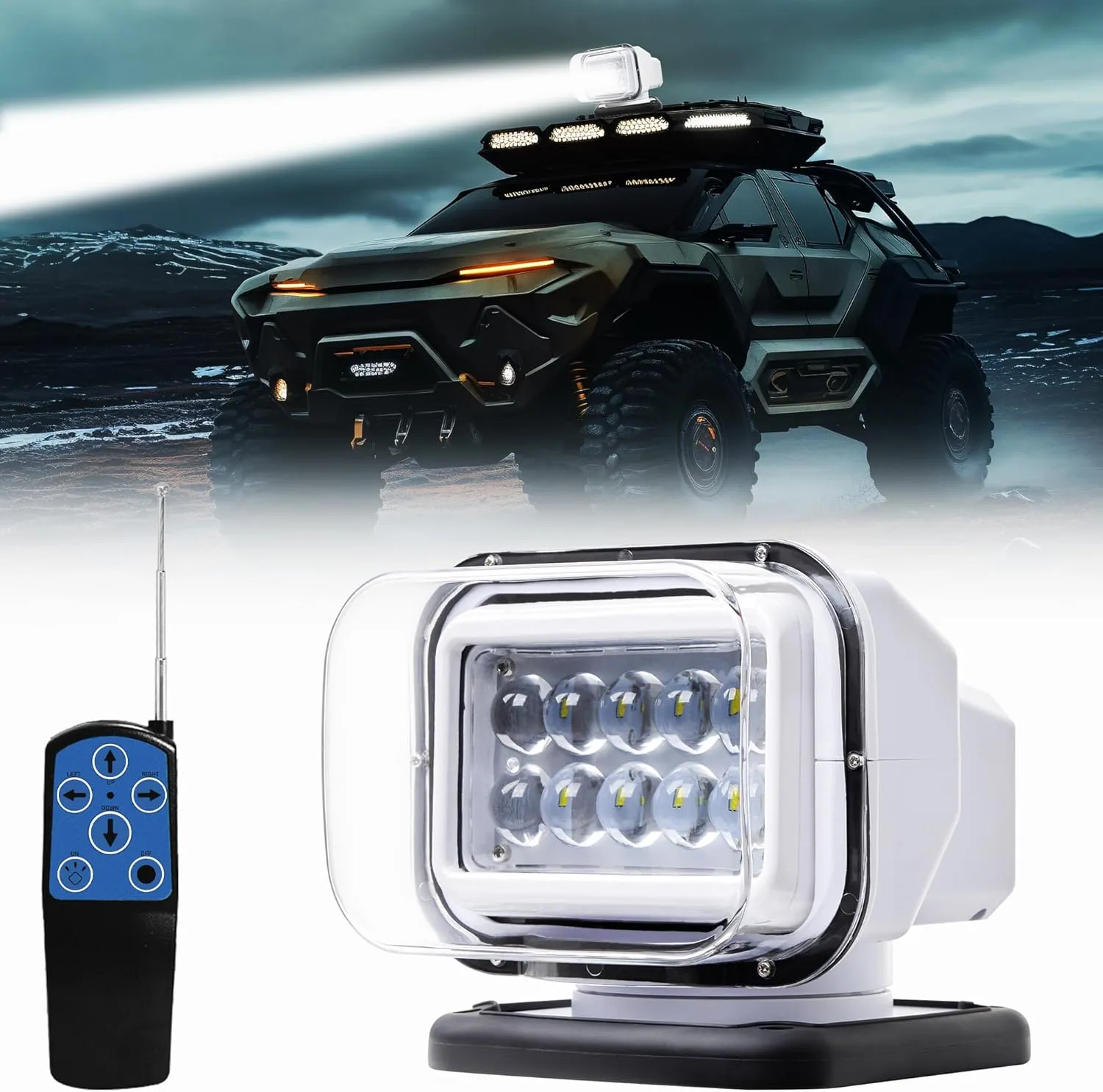 Remote LED Spotlight, Auto-Reset 360 Rotating Marine Searchlight for Truck Boat, 6 Powerful Magnets Built-in Go Outdoor Spot Light (White)