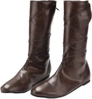 Renaissance Medieval Pirate Cosplay Halloween Boots Men Women PU Leather Mid Calf Lace Up Vintage Stage Viking Tied Shoes Boots