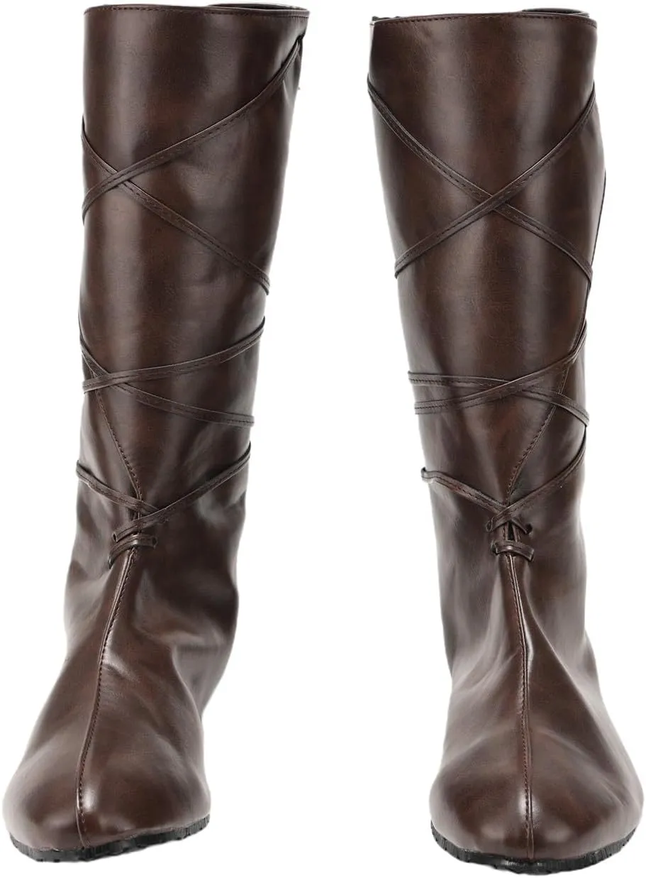 Renaissance Medieval Pirate Cosplay Halloween Boots Men Women PU Leather Mid Calf Lace Up Vintage Stage Viking Tied Shoes Boots