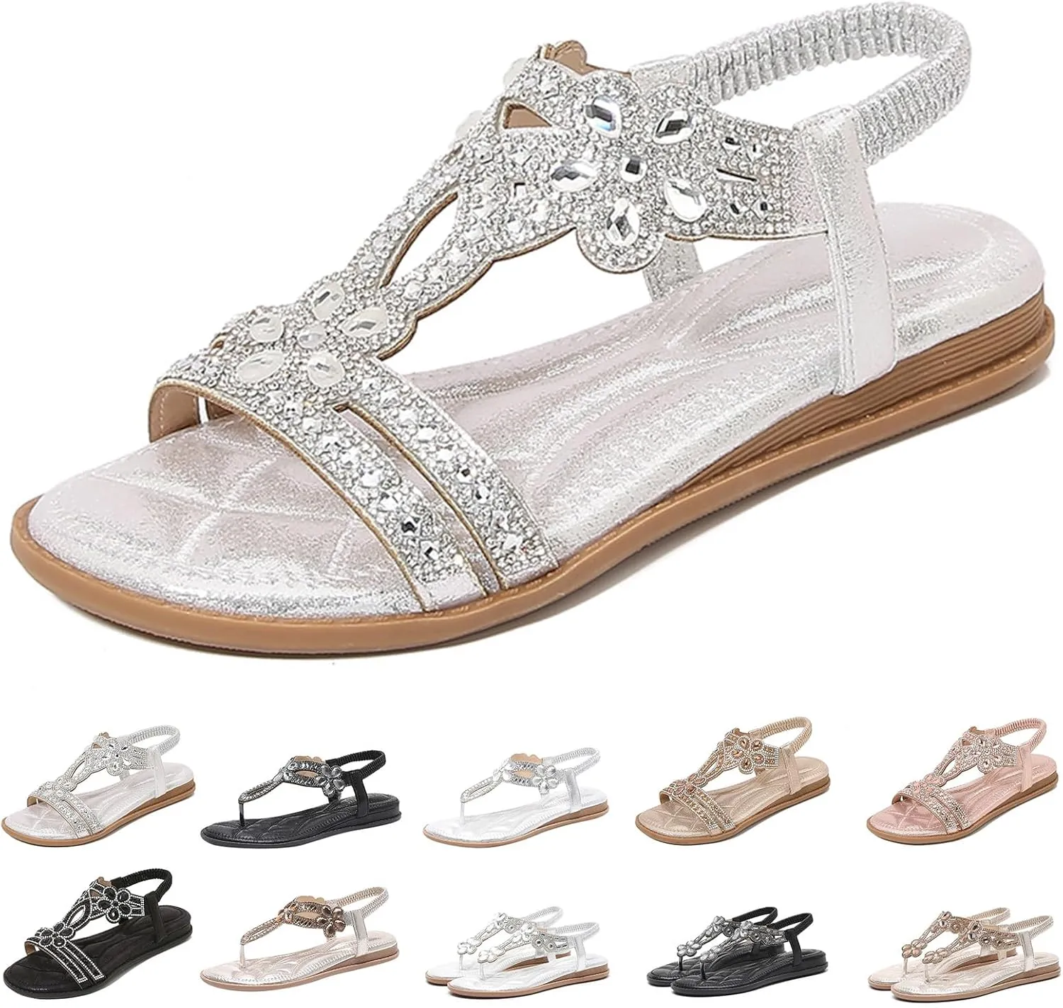 Rhinestone Sandals for Women Dressy Bohemian Flat Comfortable Ankle Elastic T-Strap Open Toe Sandals Slip On Sandal Walking Beach Shoes