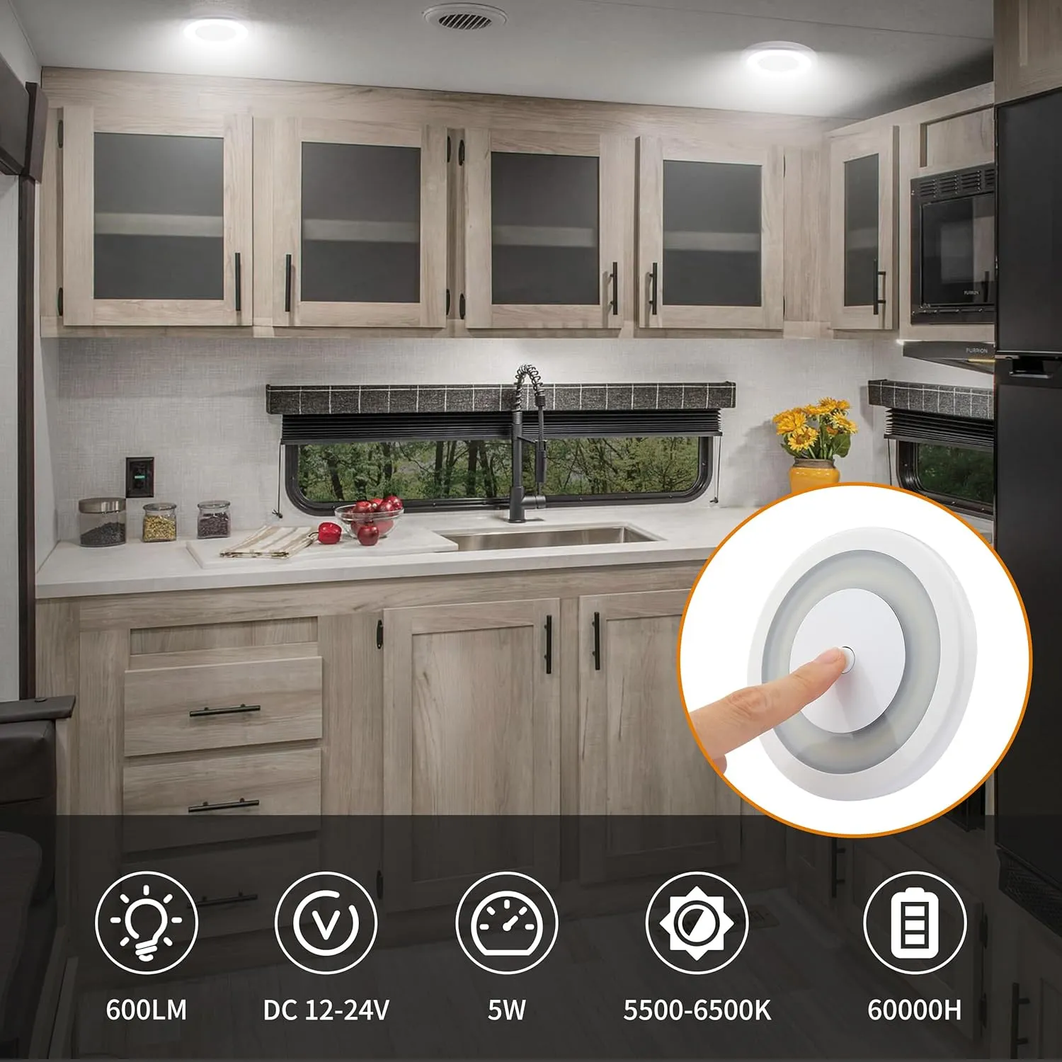 RV Boat LED Ceiling Dome Light 12V 600LM RV Puck Light Dimmable Disk Light with Dimmer Switch RV Interior Lighting for RV Boat Camper Trailer Motorhome