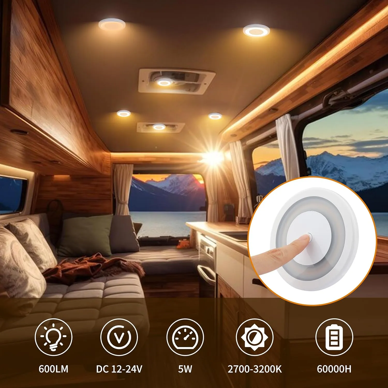 RV Boat LED Ceiling Dome Light 12V 600LM RV Puck Light Dimmable Disk Lighting with Dimmer Switch RV Interior Lighting for Boat Camper Trailer Motorhome
