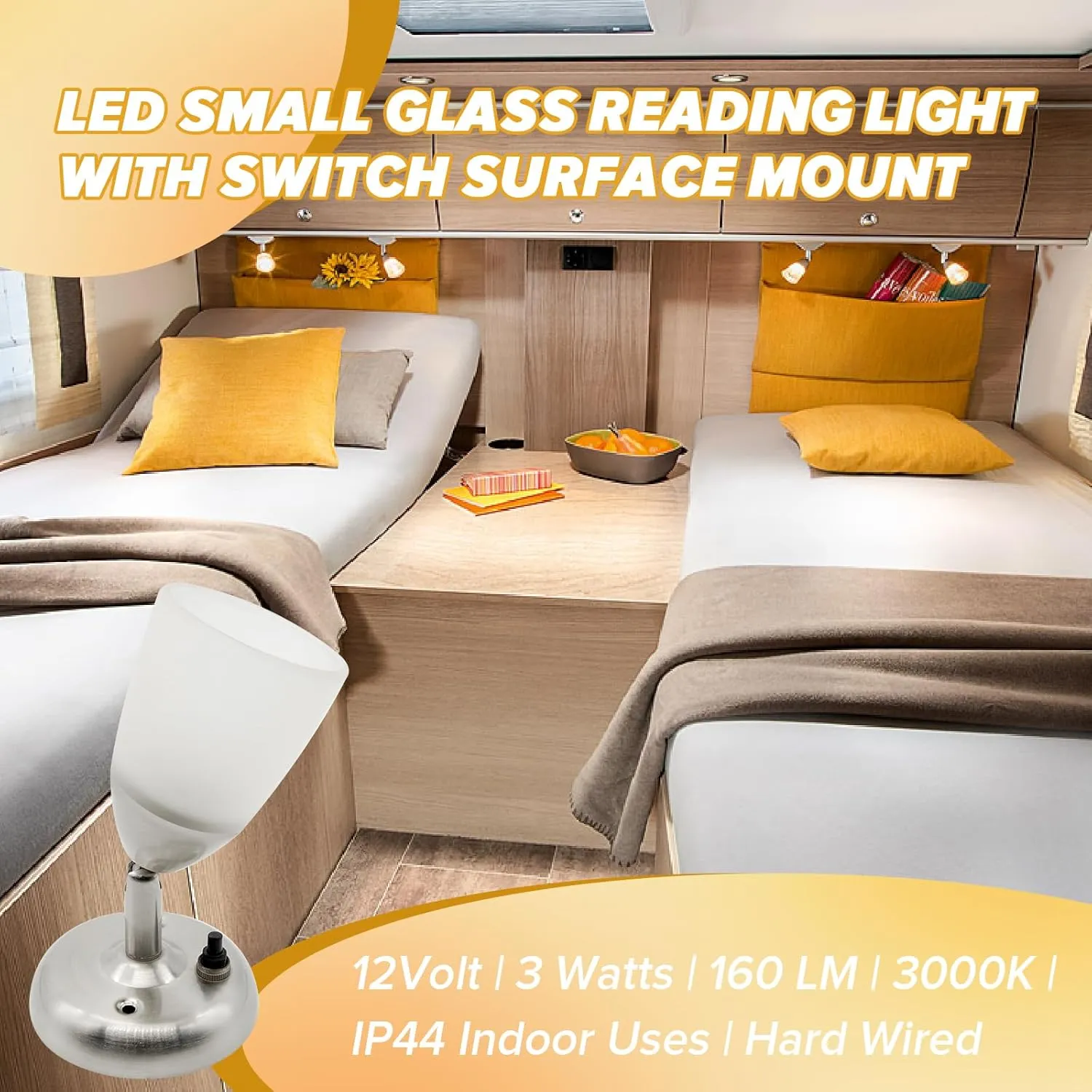 RV Reading Lights 12 Volt Interior Bedside Lamps with Switch Wall Sconces Light Fixtures 3000K-Warm White Lighting, 3W, 160 Lumens, 3.2x5.7 inch, Set of 2