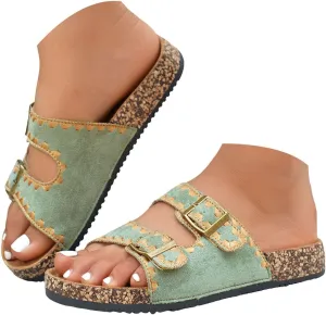 Sandals For Women 2025 Dressy 2 Buckle Flat Sandal Suede Cork Footbed Slip On Platform Slippers With Arch Support