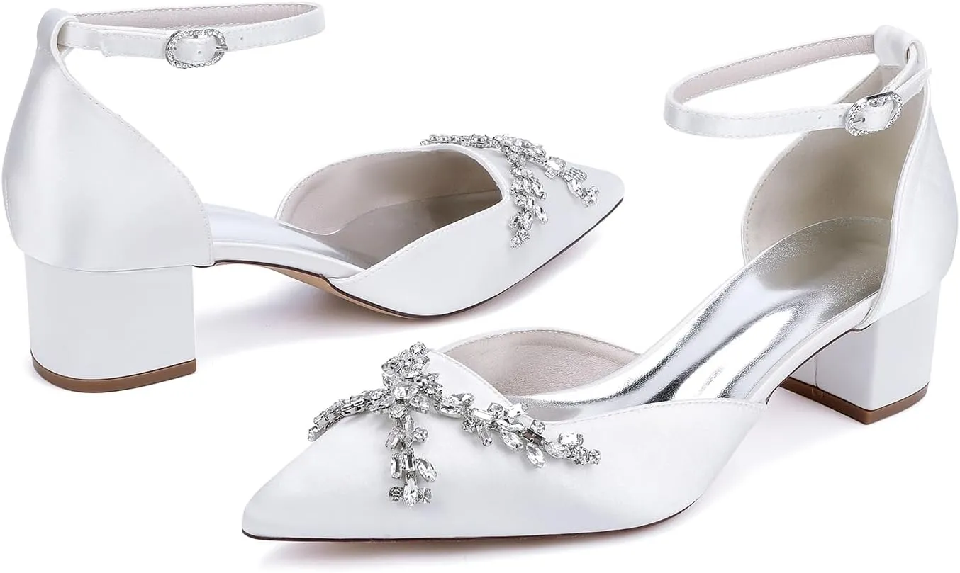 Satin Bridal Wedding Shoes Women's Closed Toe Rhinestone Pointed Mid Heel Wedding Party Dress Shoes