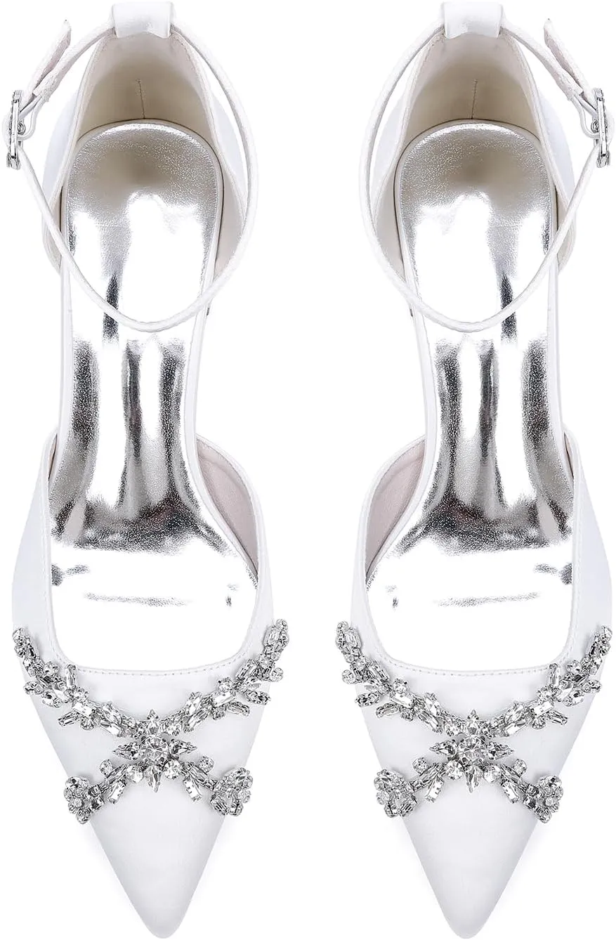 Satin Bridal Wedding Shoes Women's Closed Toe Rhinestone Pointed Mid Heel Wedding Party Dress Shoes