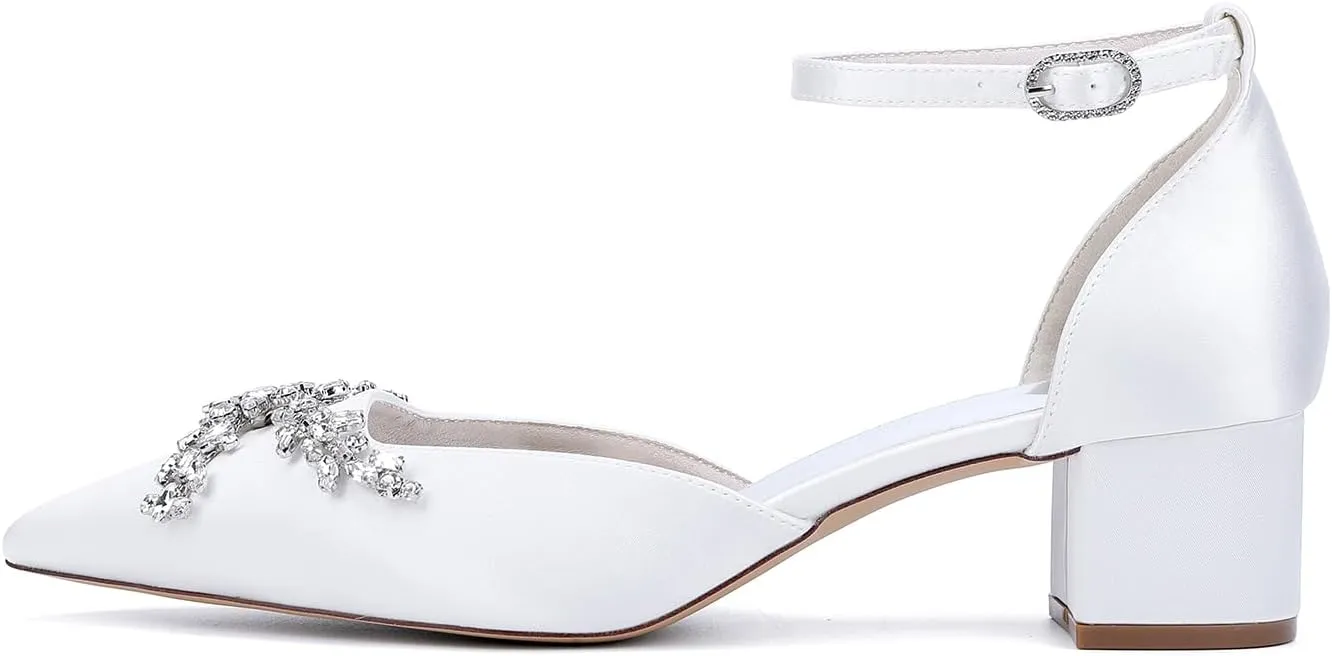 Satin Bridal Wedding Shoes Women's Closed Toe Rhinestone Pointed Mid Heel Wedding Party Dress Shoes