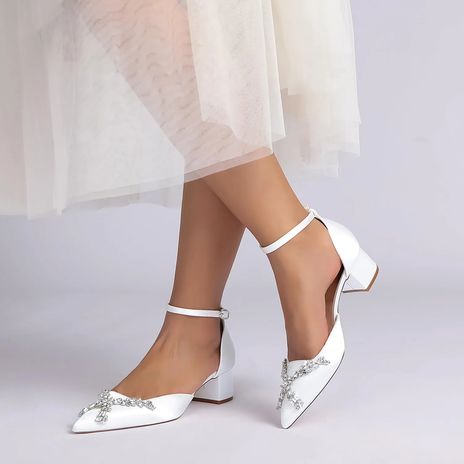 Satin Bridal Wedding Shoes Women's Closed Toe Rhinestone Pointed Mid Heel Wedding Party Dress Shoes
