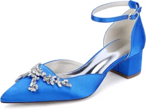 Satin Bridal Wedding Shoes Women's Closed Toe Rhinestone Pointed Mid Heel Wedding Party Dress Shoes