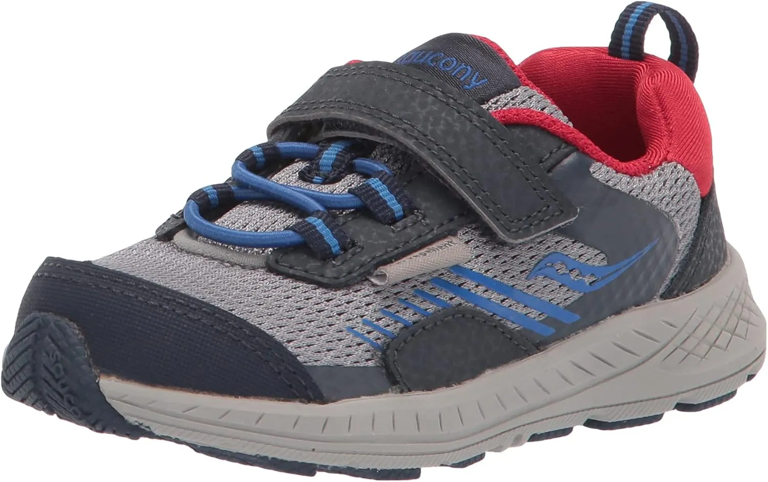 Saucony Wind Shield Alternative Closure Jr. Running Shoe, Navy/Grey/Red, 4.5 US Unisex Little Kid