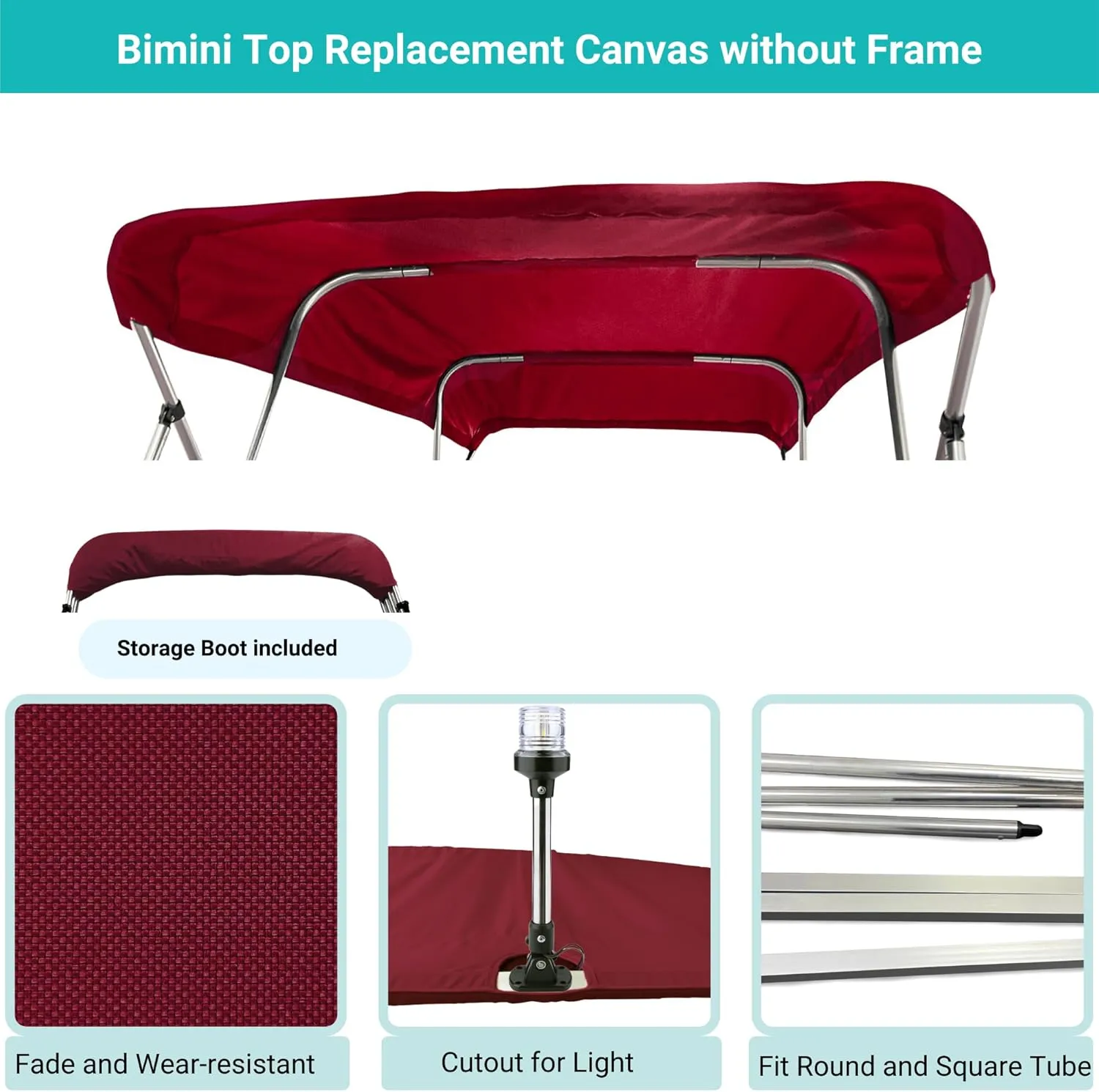 SavvyCraft 4 Bow Bimini Top Replacement Cover 9 Colors Options 8ft and 10ft Long, Durable Marine Grade Canvas Sun Shade Boat Canopy, Easy Install Zipper Sleeves, Replacement Canvas Only No Fram