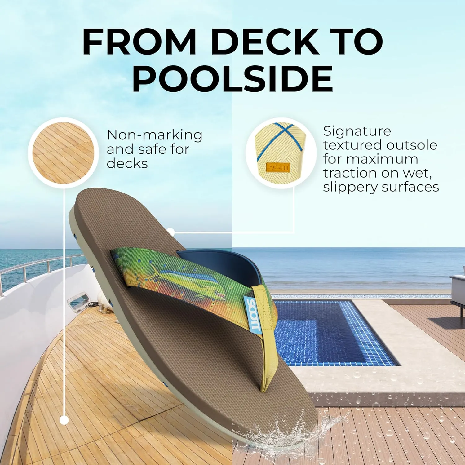 Scott Hawaii Men's Kaiko Sandal | Nylon Strap with Neoprene Lining | Molded Non-marking No-slip Outsole | Arch Support and Heel Cup | Marine & Boat Friendly