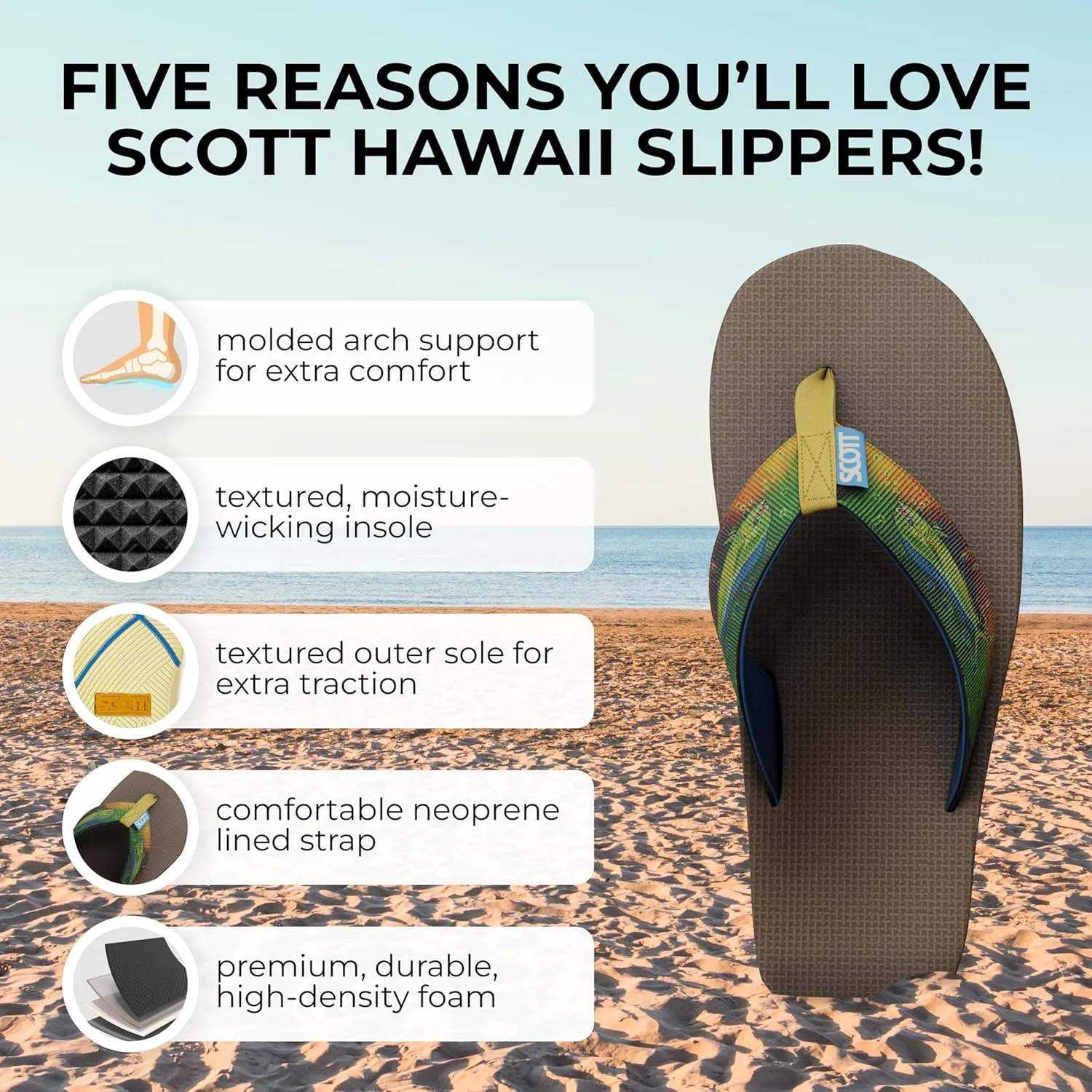 Scott Hawaii Men's Kaiko Sandal | Nylon Strap with Neoprene Lining | Molded Non-marking No-slip Outsole | Arch Support and Heel Cup | Marine & Boat Friendly