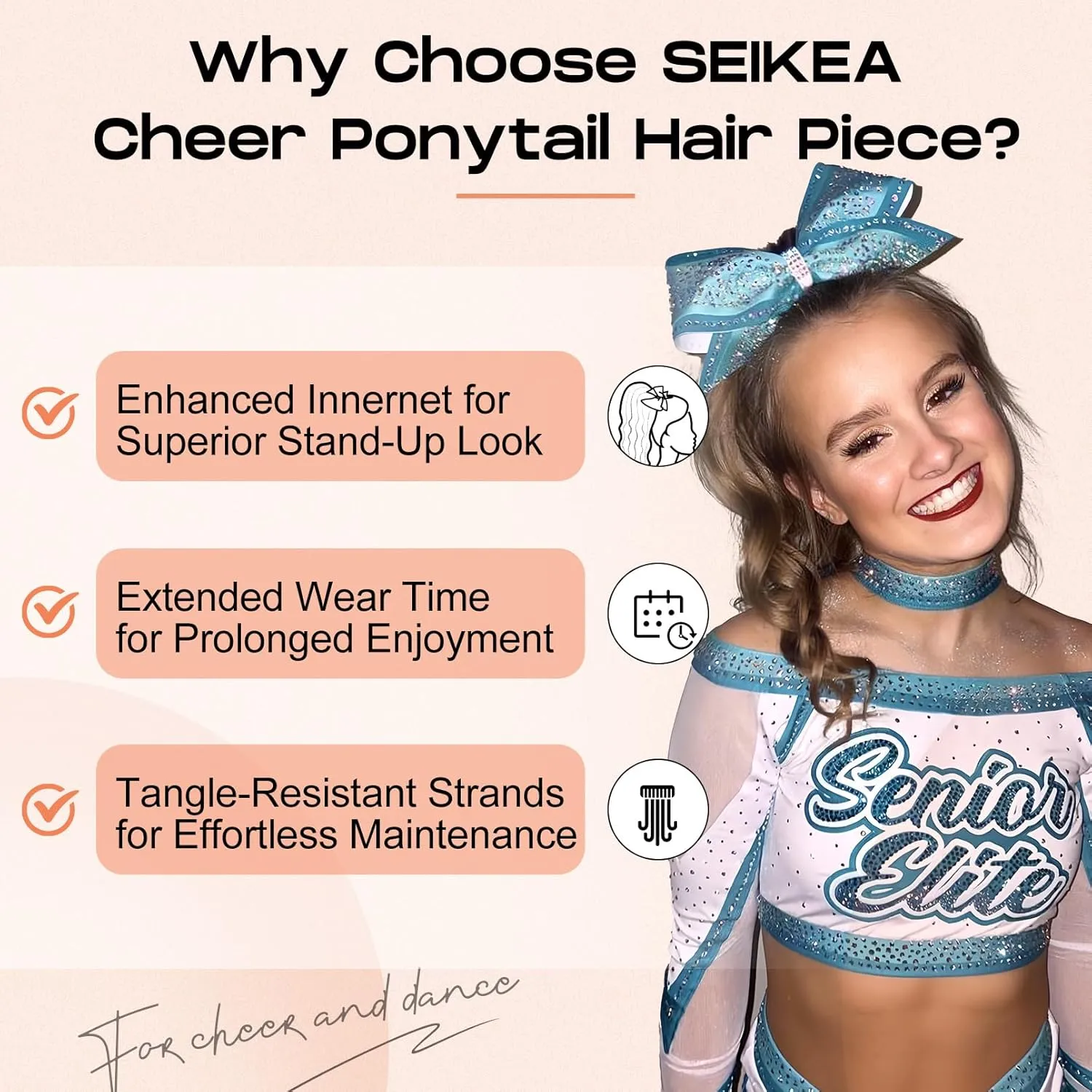 SEIKEA Cheer Ponytail Hair Piece, 14" Curly Cheerleader Hairpiece Ponytail Extension for Cheerleader Competition, Dance Black Brown