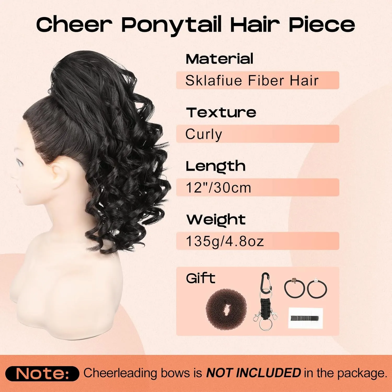 SEIKEA Cheer Ponytail Hair Piece, 14" Curly Cheerleader Hairpiece Ponytail Extension for Cheerleader Competition, Dance Black Brown