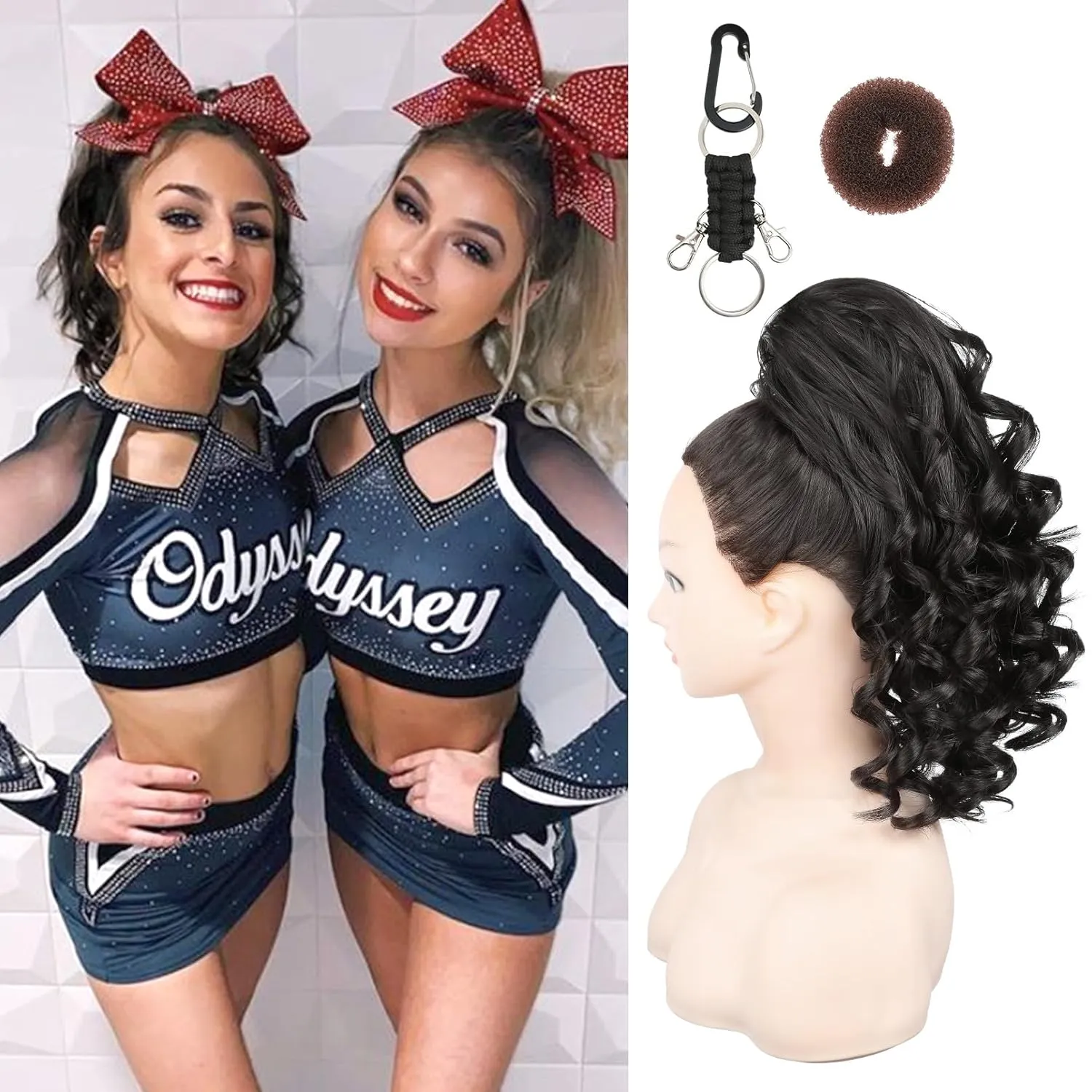 SEIKEA Cheer Ponytail Hair Piece, 14" Curly Cheerleader Hairpiece Ponytail Extension for Cheerleader Competition, Dance Black Brown