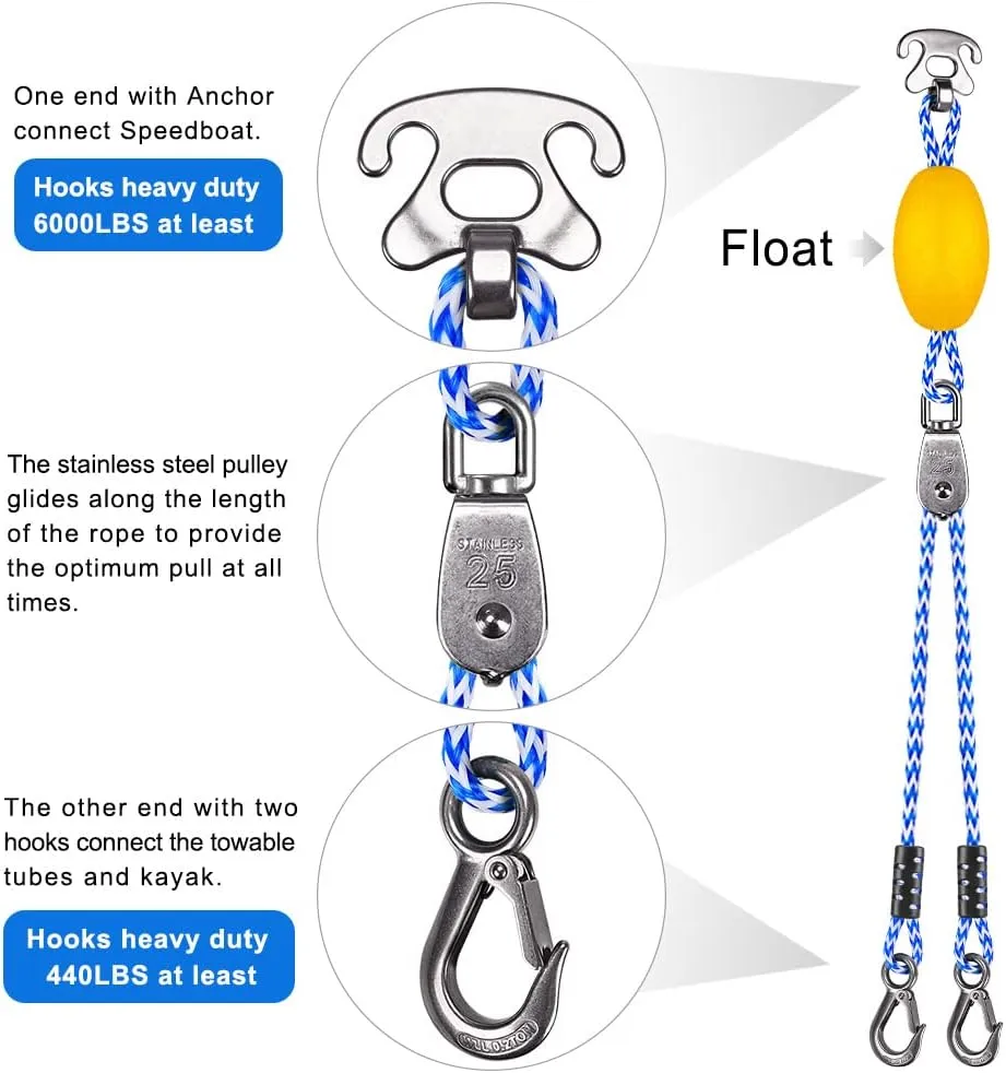 SELEWARE Heavy Duty Boat Tow Harness for Tubing, Boat Tow Rope with Stainless Steel Quick Connector, Heavy Duty Self Centering Tow Harness for Boat Water Sport Jet Ski Wakeboarding