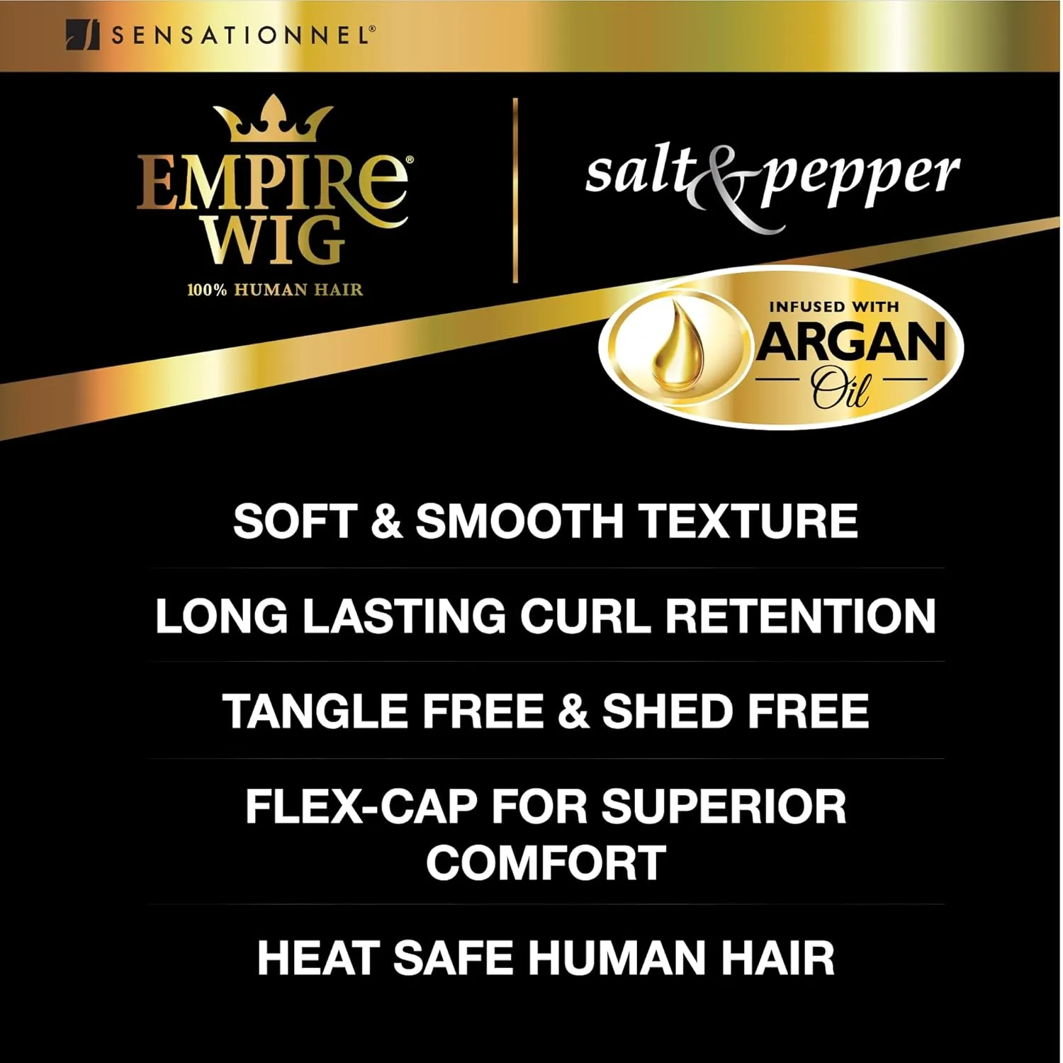 Sensationnel Empire Human Hair Wig - Salt And Pepper Bliss Contouring Mesh Cap Heat Safe (1 JETBLACK)
