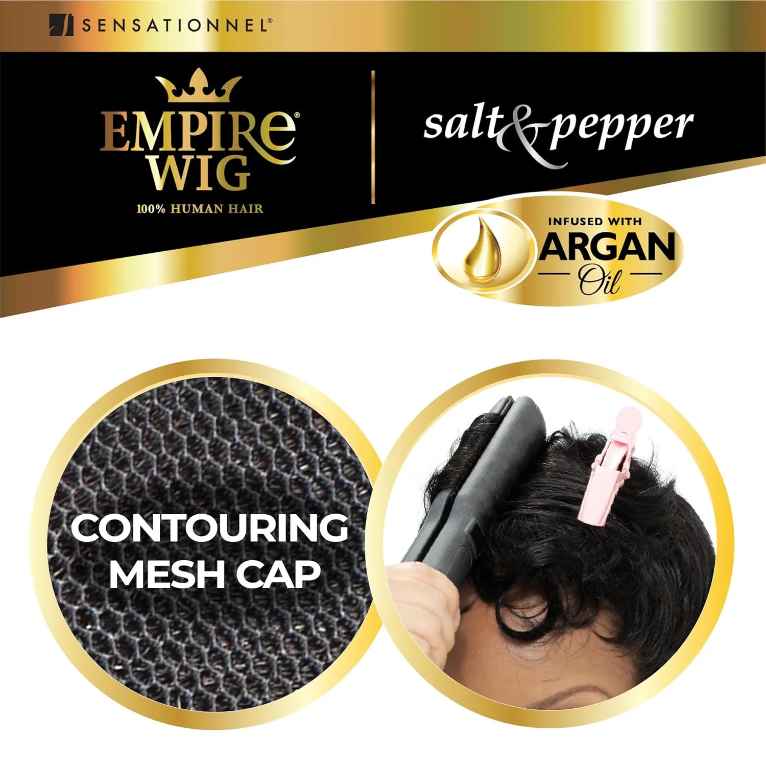 Sensationnel Empire Human Hair Wig - Salt And Pepper Bliss Contouring Mesh Cap Heat Safe (1 JETBLACK)