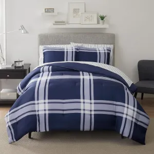 Serta Simply Clean Jax Soft 5 Piece Plaid Bed in A Bag Complete Bedding Comforter Set with Sheets and Pillow Case for All Season, Twin XL, Blue