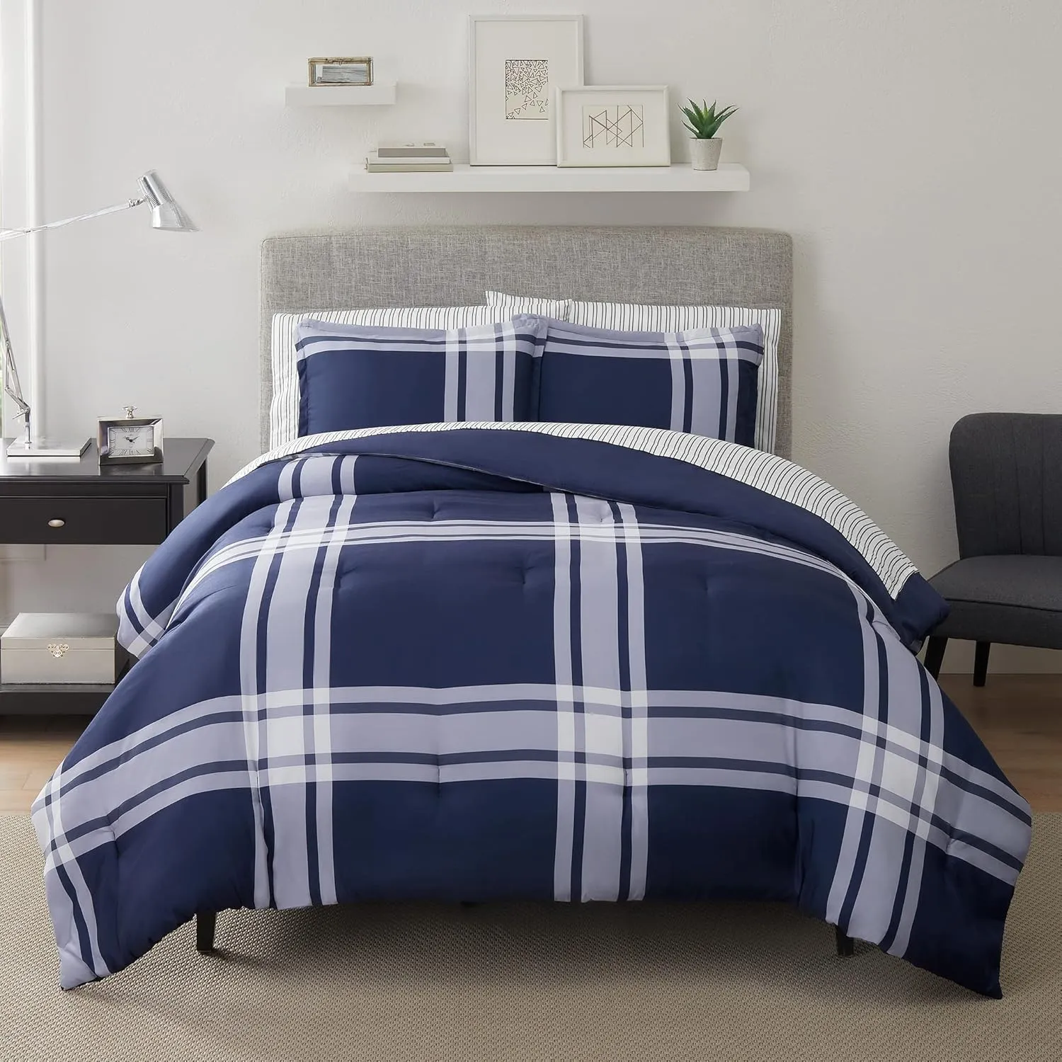 Serta Simply Clean Jax Soft 5 Piece Plaid Bed in A Bag Complete Bedding Comforter Set with Sheets and Pillow Case for All Season, Twin XL, Blue