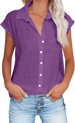 Short Sleeve Linen Tops for Women Trendy 2024 Casual Solid Color Button Down Shirts Comfy Resort Wear