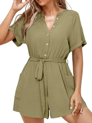Simplee Women Summer Short Rompers V Neck Button Down Short Sleeve Belted Waist Tie Jumpsuits with Pockets