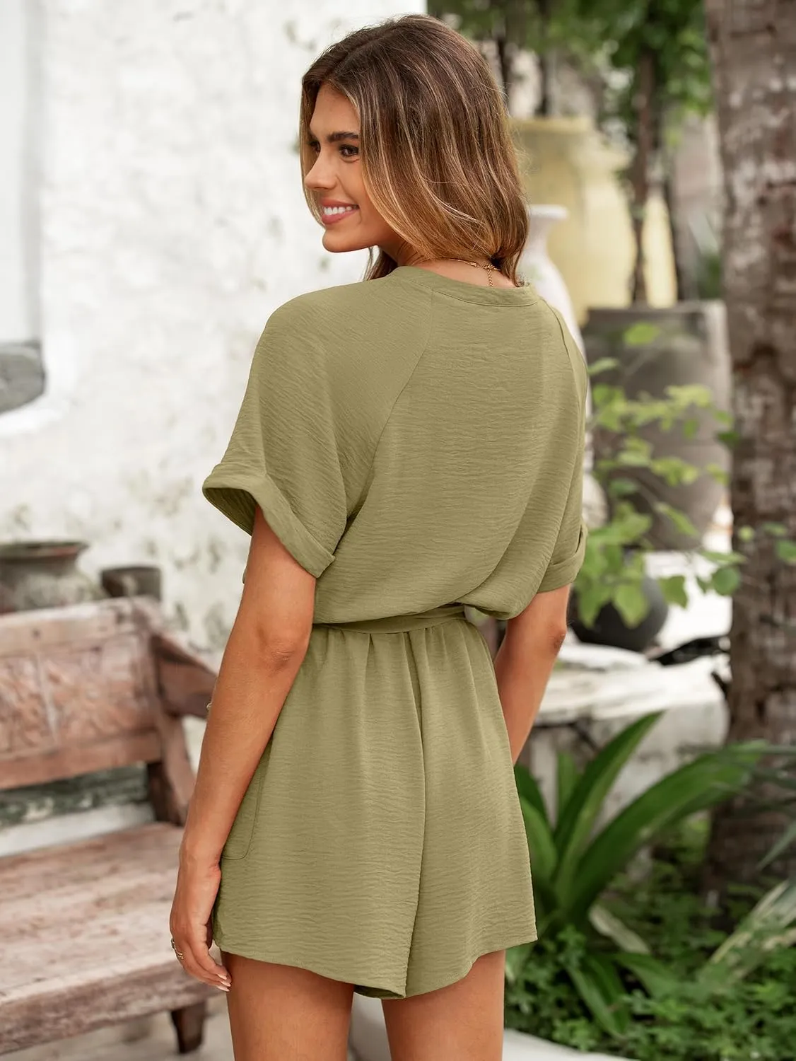 Simplee Women Summer Short Rompers V Neck Button Down Short Sleeve Belted Waist Tie Jumpsuits with Pockets