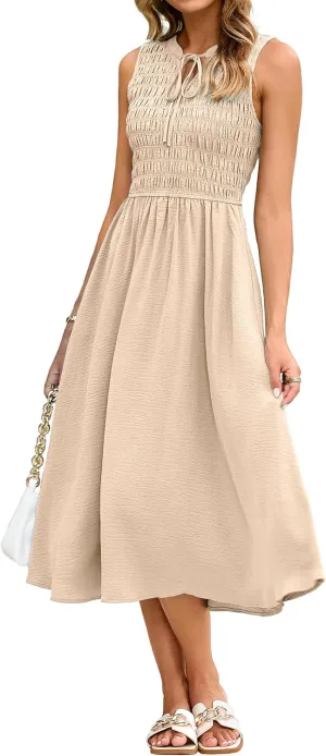 Simplee Womens Summer Smocked Midi Sundress V Neck Sleeveess Boho A Line Sun Dress with Pockets