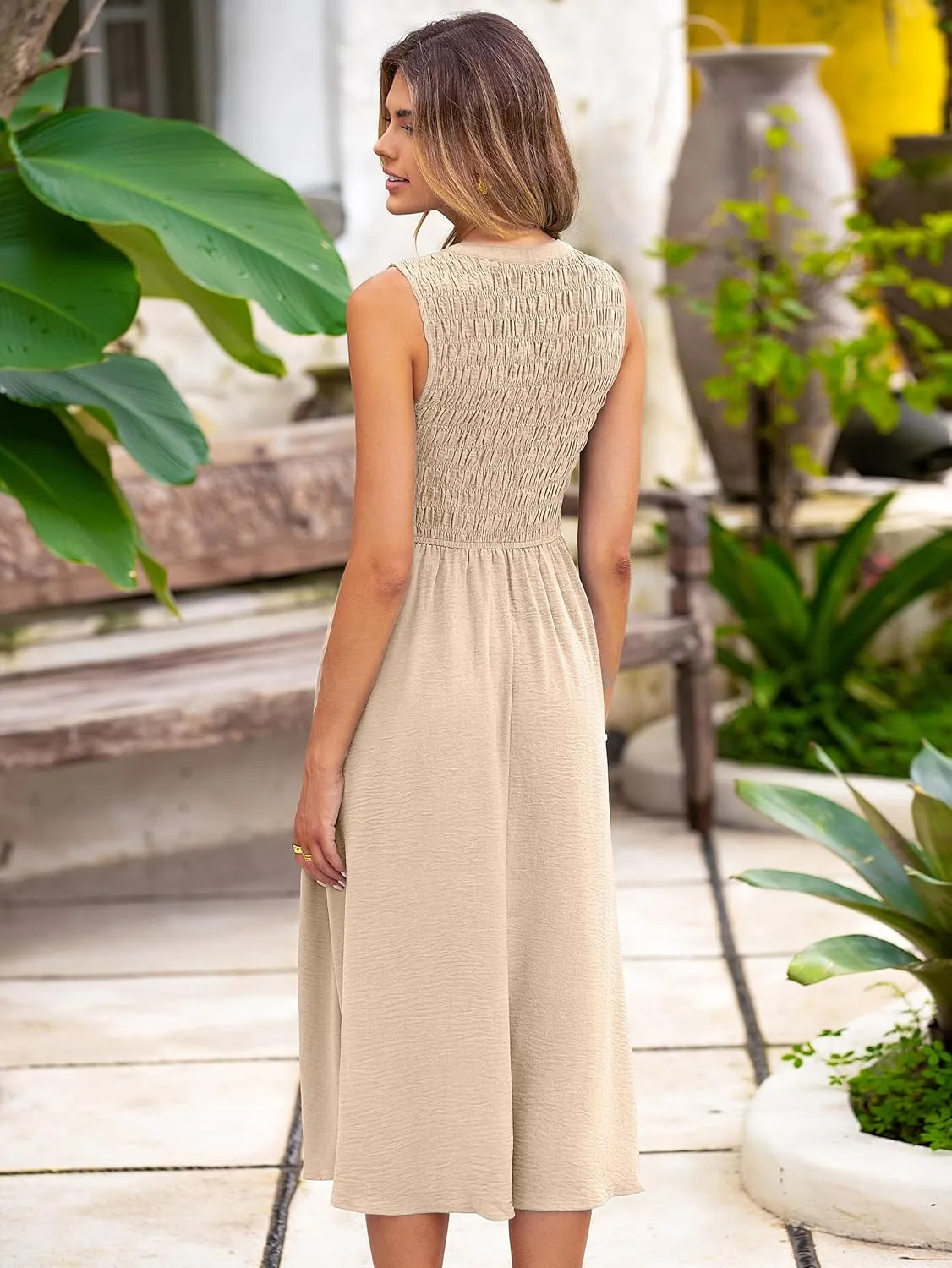 Simplee Womens Summer Smocked Midi Sundress V Neck Sleeveess Boho A Line Sun Dress with Pockets