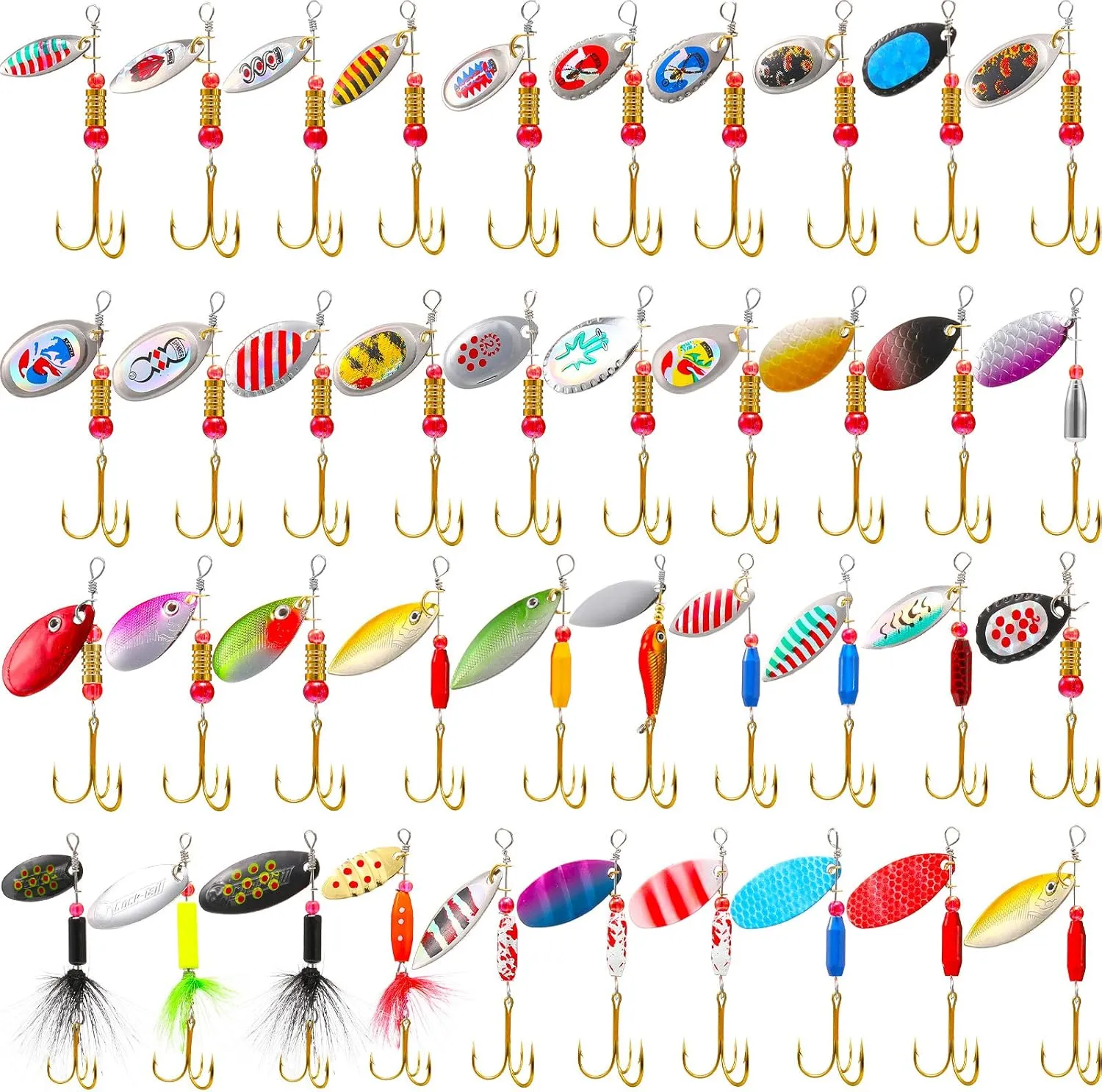 Skylety 40 Pcs Fishing Lure Hard Metal Colorful Spinner Baits with Tackle Box Trout Spoon Fishing Lures for Bass Pike Walleye Trout Salmon