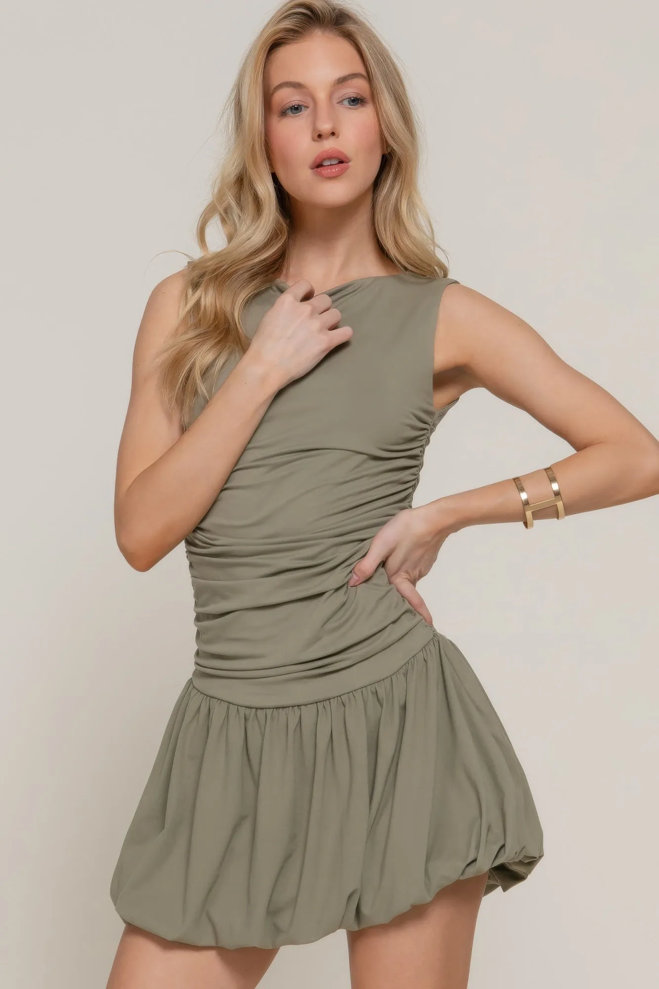 Sleeveless Boat Neck Voluminous Mini Dress