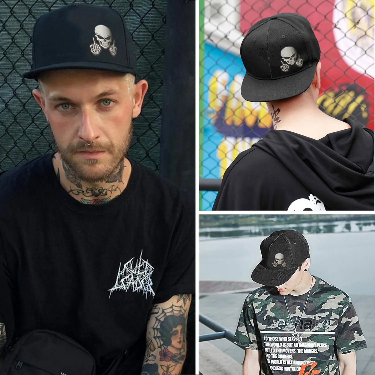 Snapback Hats for Men Flat Bill Black Mens Baseball Cap Brim Snap Back Adjustable