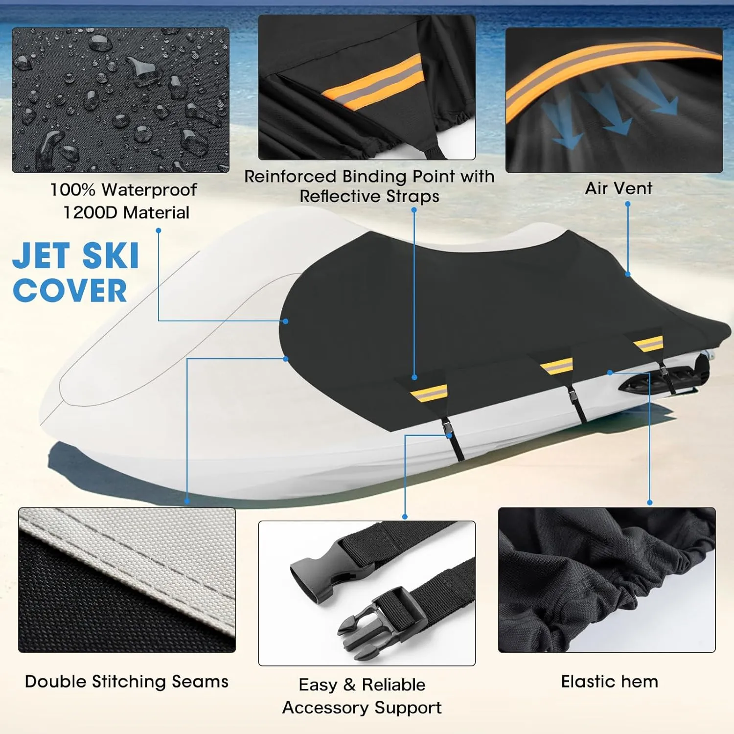 Solim Trailerable Jet Ski Cover, Waterproof 1200D PU Oxford PWC Cover, Marine Grade Heavy Duty Polyester Jetski Cover with Reflective Air Vent & Strap for Sea-Doo Yamaha Kawasaki 2-3 Seater Gray&Black