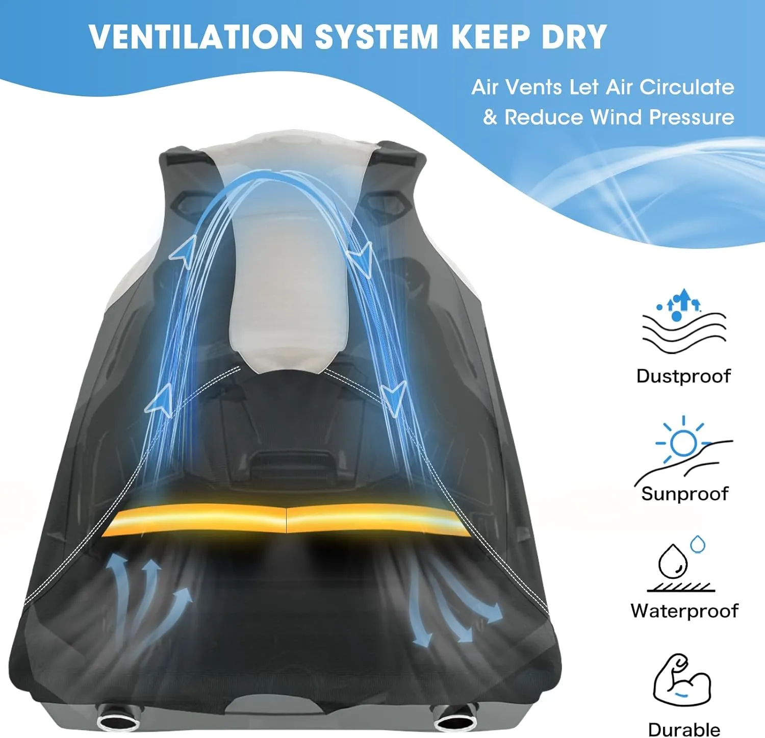 Solim Trailerable Jet Ski Cover, Waterproof 1200D PU Oxford PWC Cover, Marine Grade Heavy Duty Polyester Jetski Cover with Reflective Air Vent & Strap for Sea-Doo Yamaha Kawasaki 2-3 Seater Gray&Black