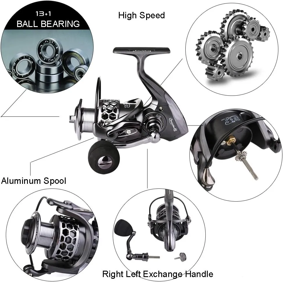 Sougayilang Fishing Reel 13 1BB Light Weight Ultra Smooth Aluminum Spinning Fishing Reel with Free Spare Graphite Spool
