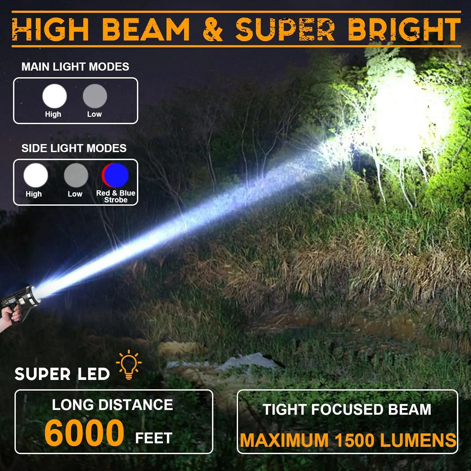 Spotlight Maximum 1500 Lumens, Super Bright LED Spotlight Flashlight with Cob Light, Strap and 90° Adjustable Tripod, 15000mAh Long Lasting IPX7 Waterproof Handheld Spot Lights Outdoor, Large