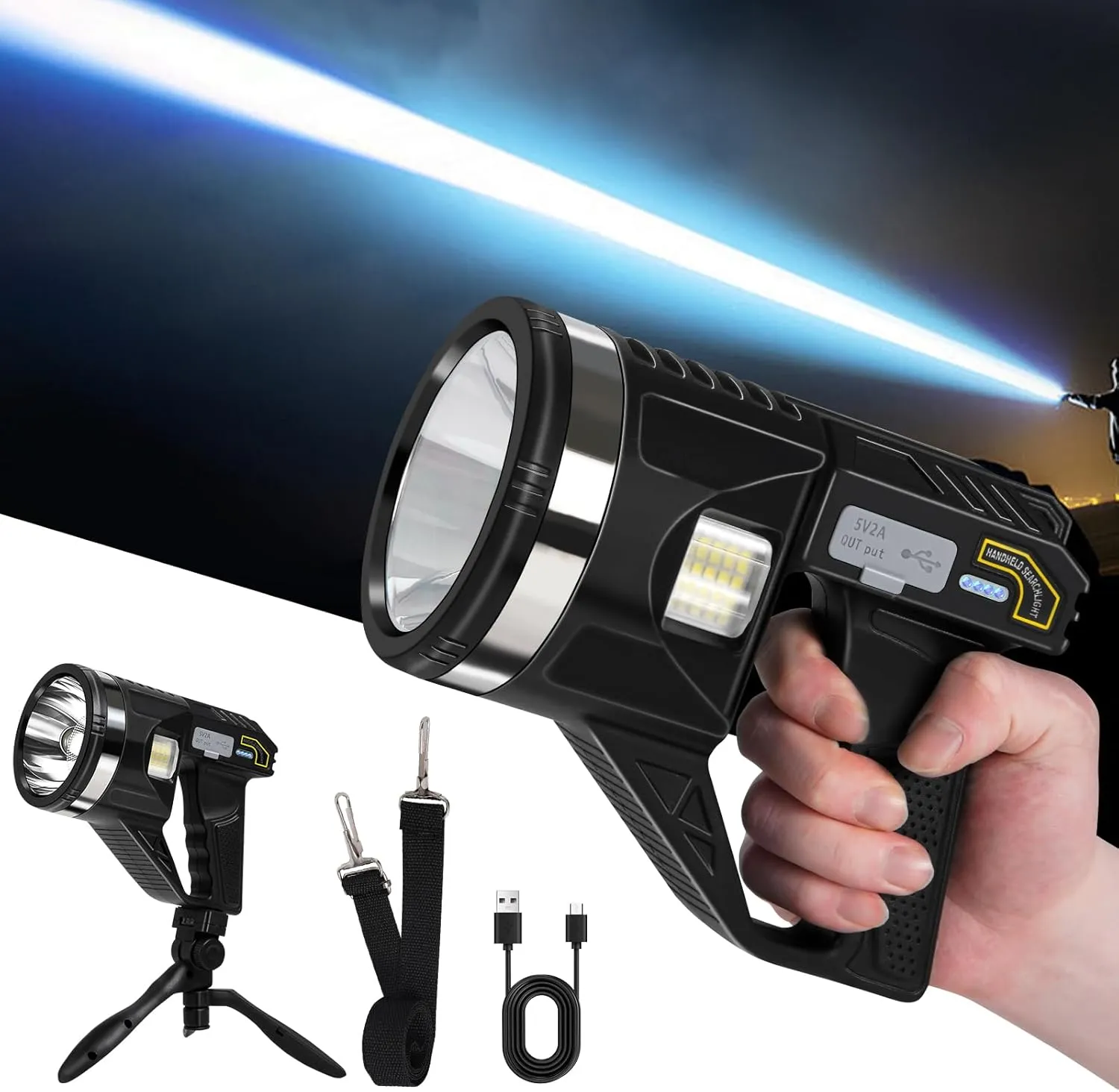 Spotlight Maximum 1500 Lumens, Super Bright LED Spotlight Flashlight with Cob Light, Strap and 90° Adjustable Tripod, 15000mAh Long Lasting IPX7 Waterproof Handheld Spot Lights Outdoor, Large