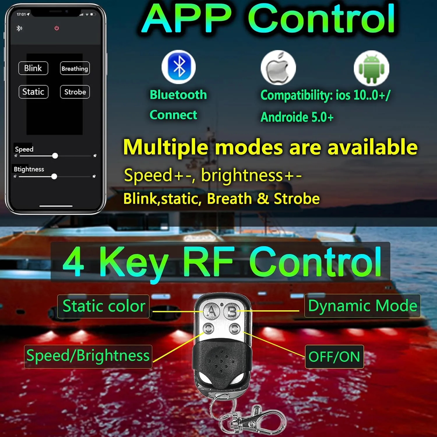 Standard 1/2in NPT Boat Drain Plug Light IP68 Waterproof Underwater Boat Trailer Light with APP RF Remote Control for Fishing Swimming Divinng,Smart Cooling System,40W,4100LM(Red)