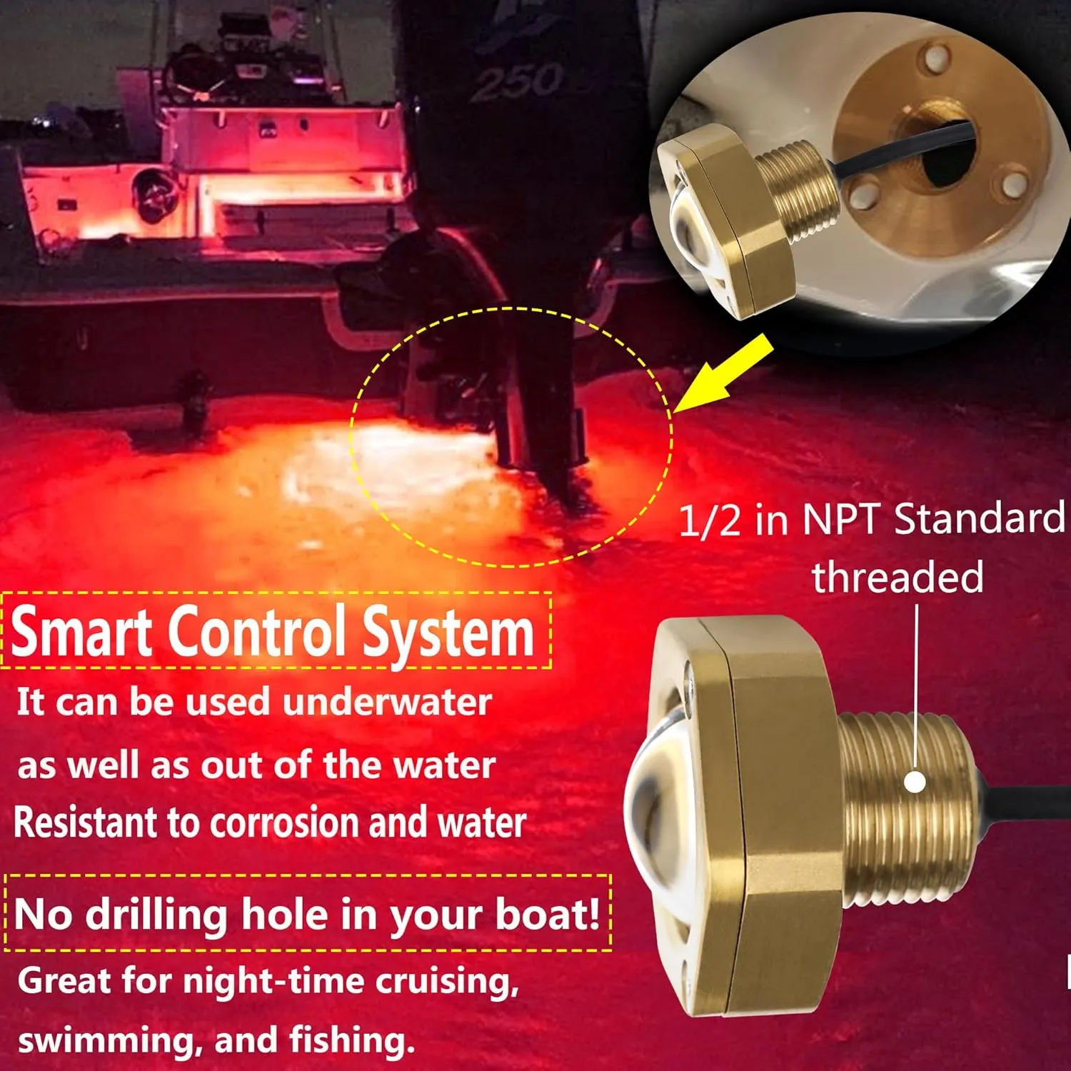 Standard 1/2in NPT Boat Drain Plug Light IP68 Waterproof Underwater Boat Trailer Light with APP RF Remote Control for Fishing Swimming Divinng,Smart Cooling System,40W,4100LM(Red)