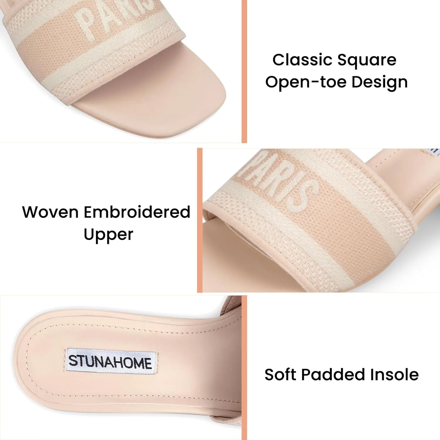 STUNAHOME Women's Heeled Sandals Low Block Chunky Heels Woven Embroidered Square Toe Slip on Heel Sandals Mules Comfortable Casual Summer Party Dress Shoes