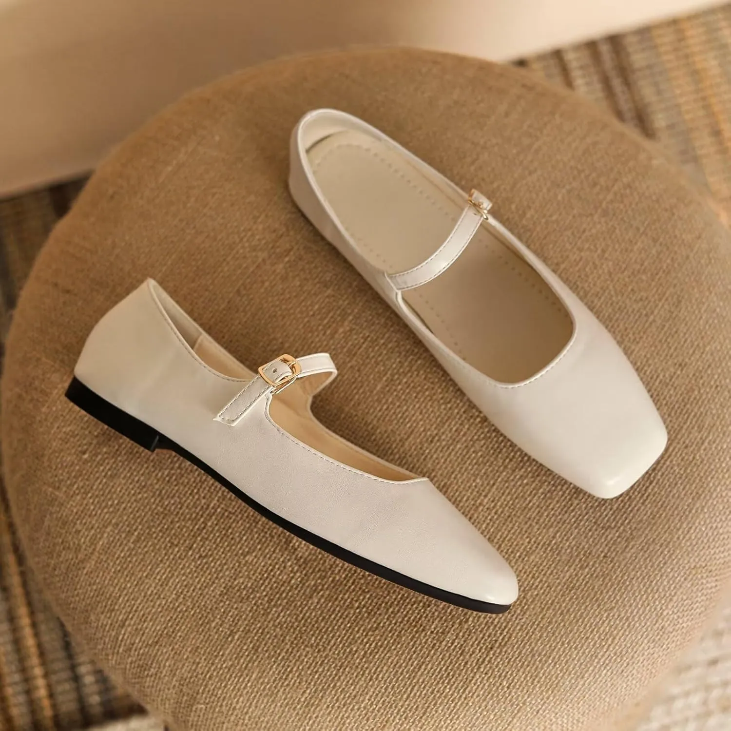 Stunner Mary Jane Square Toe Black Ballet Flats for Women - Comfortable Ankle Strap Casual Slip On Flats