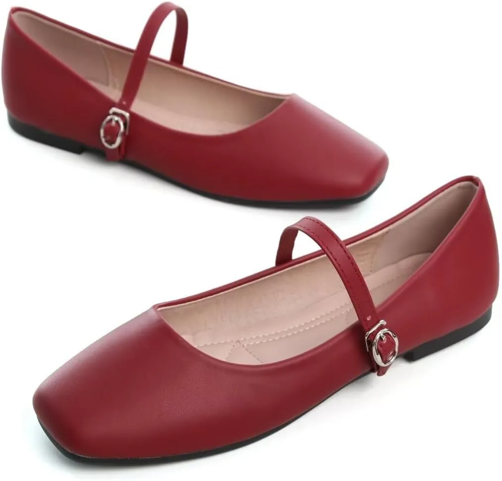 Stunner Mary Jane Square Toe Black Ballet Flats for Women - Comfortable Ankle Strap Casual Slip On Flats