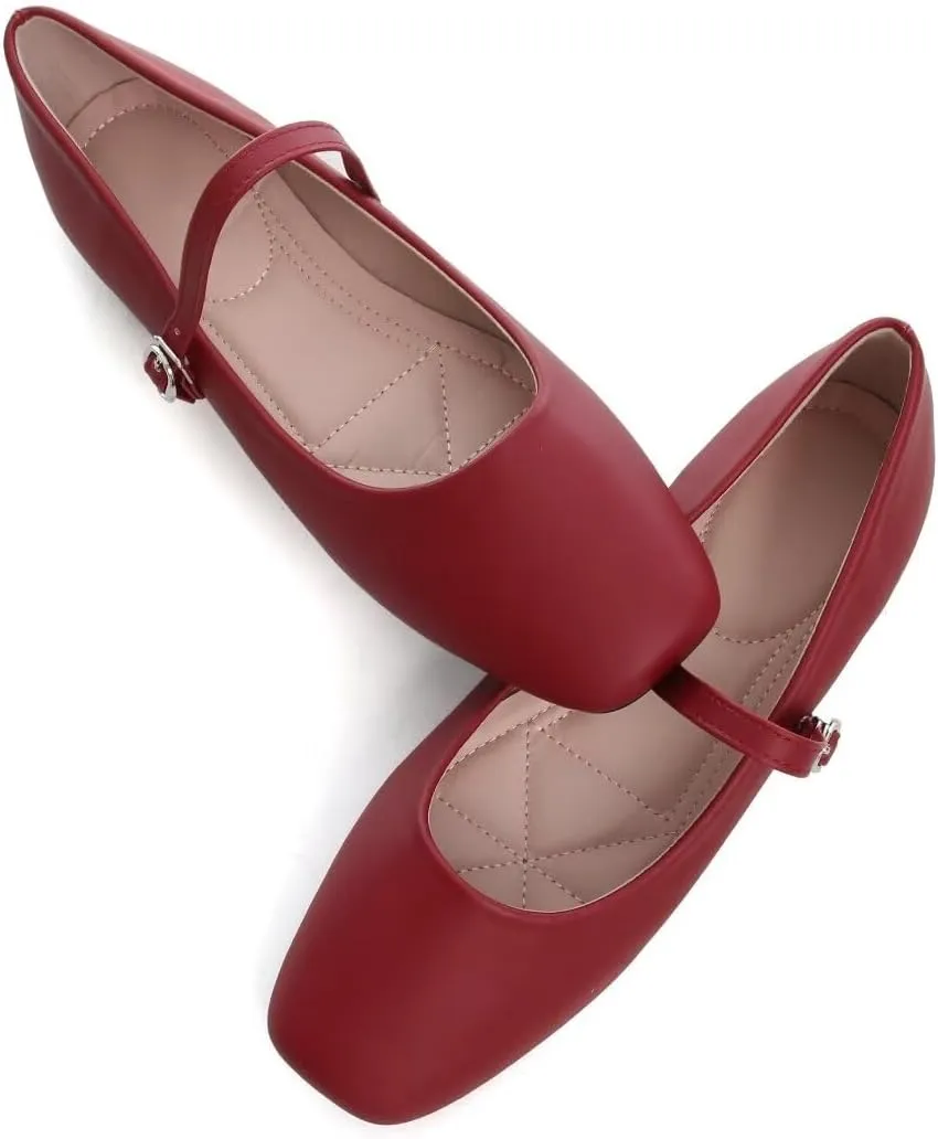 Stunner Mary Jane Square Toe Black Ballet Flats for Women - Comfortable Ankle Strap Casual Slip On Flats
