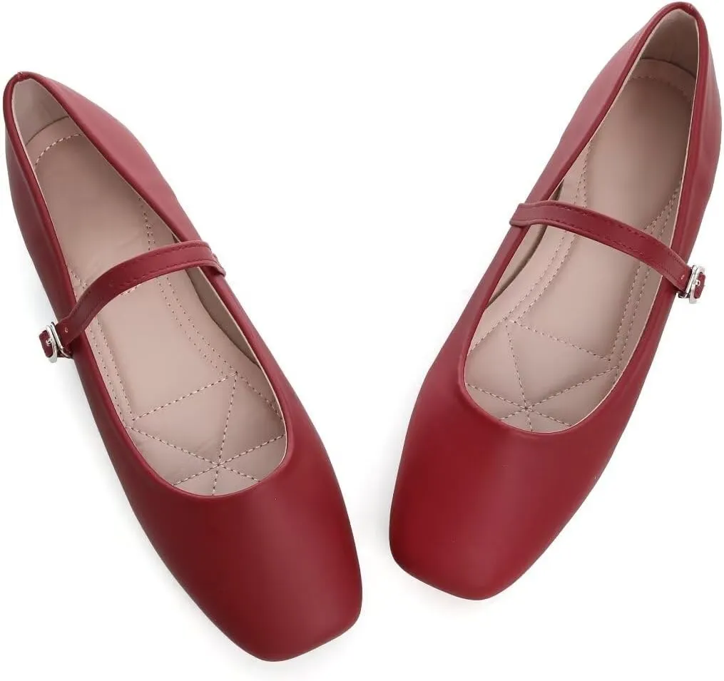 Stunner Mary Jane Square Toe Black Ballet Flats for Women - Comfortable Ankle Strap Casual Slip On Flats