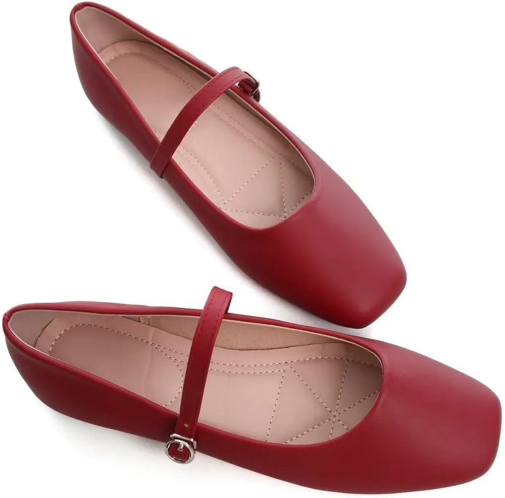 Stunner Mary Jane Square Toe Black Ballet Flats for Women - Comfortable Ankle Strap Casual Slip On Flats