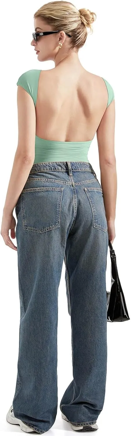 SUUKSESS Women Backless Sexy Going Out Tops Double Lined Open Back Y2k Basic Tee Shirts