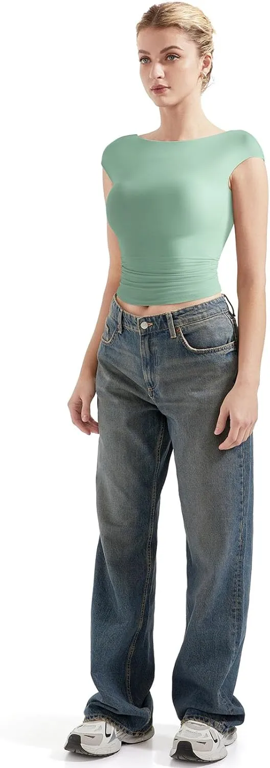 SUUKSESS Women Backless Sexy Going Out Tops Double Lined Open Back Y2k Basic Tee Shirts
