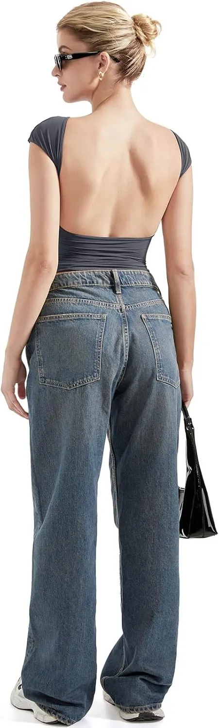 SUUKSESS Women Backless Sexy Going Out Tops Double Lined Open Back Y2k Basic Tee Shirts